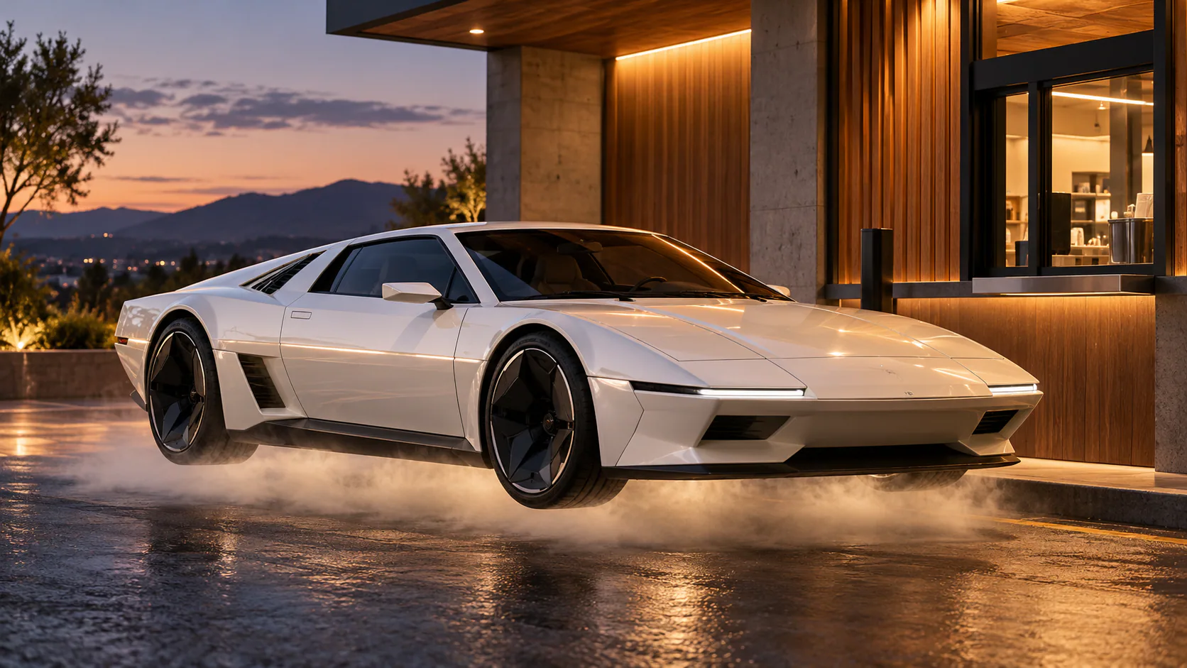 Flying car video generator example with a pearl-white wedge coupe hovering at a drive-through