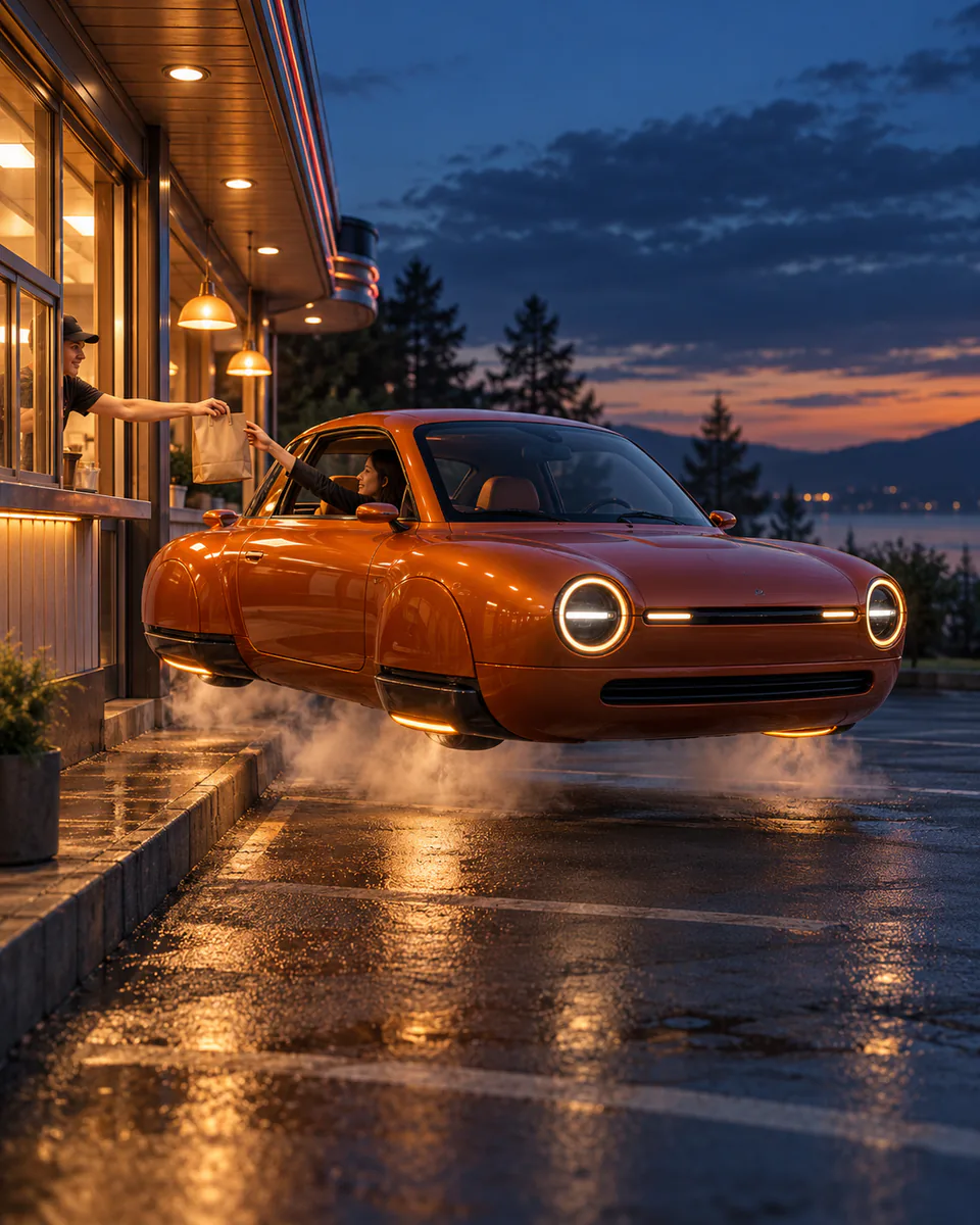 Flying car video generator showcase with a burnt-orange retro electric coupe hovering at a drive-through