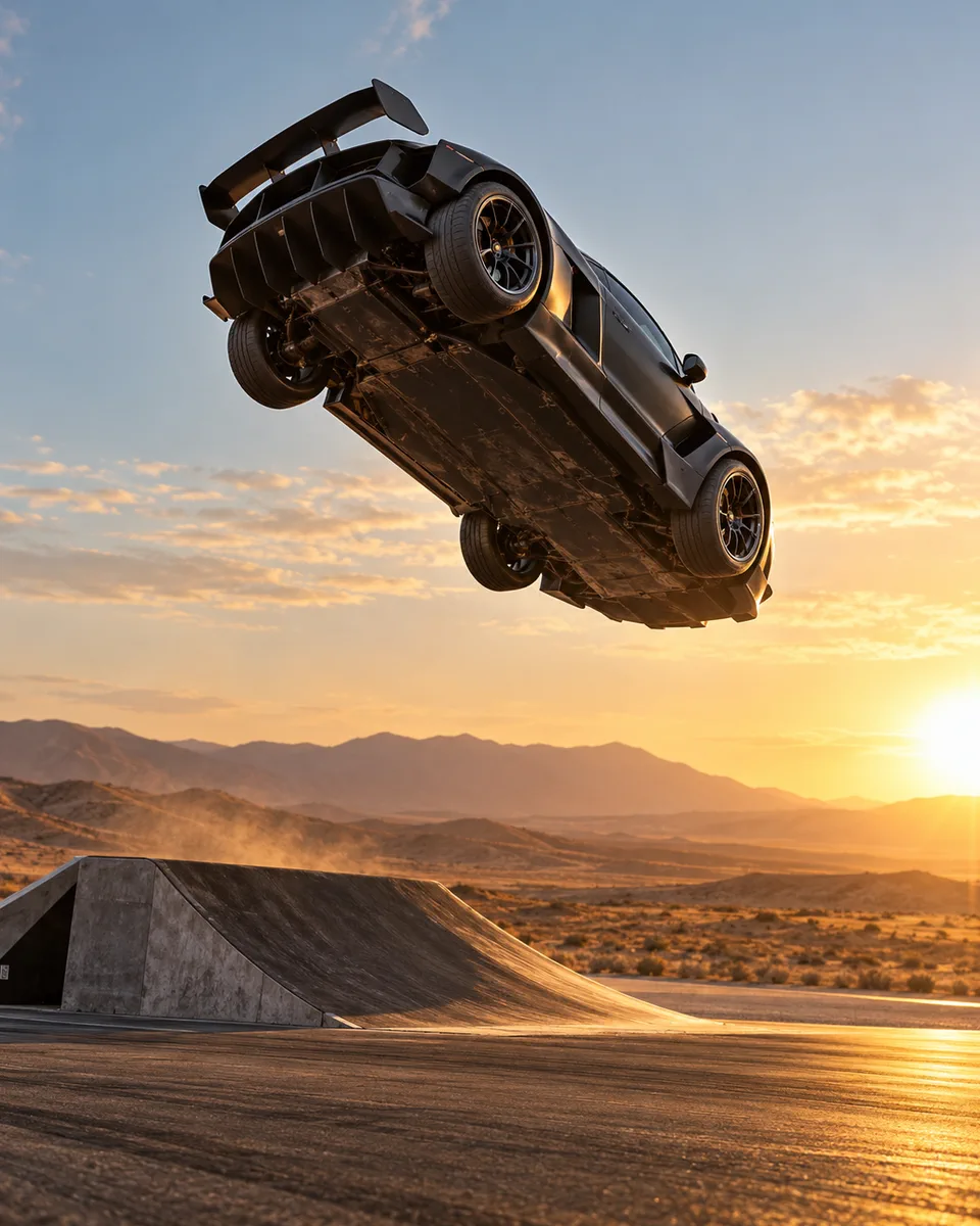 Flying car video showcase with a matte-black track GT performing a cinematic desert ramp flip